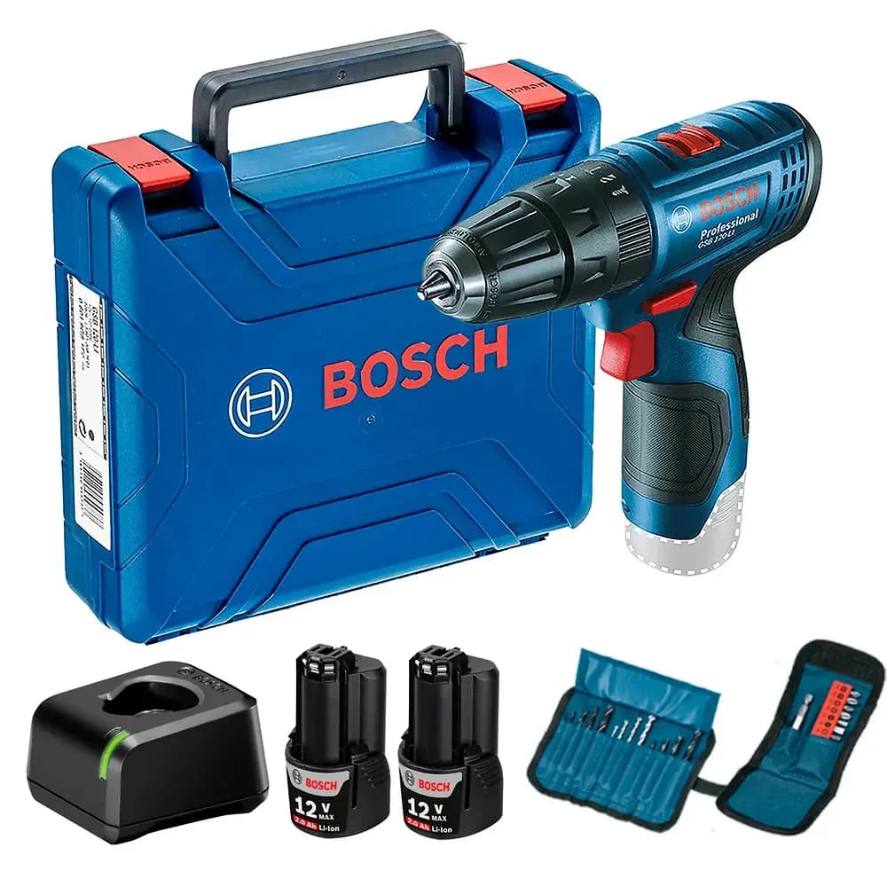 Taladro Percutor Bosch Gsb 120 Li 12v + 23 Accesorios + 2 Baterías Color Azul