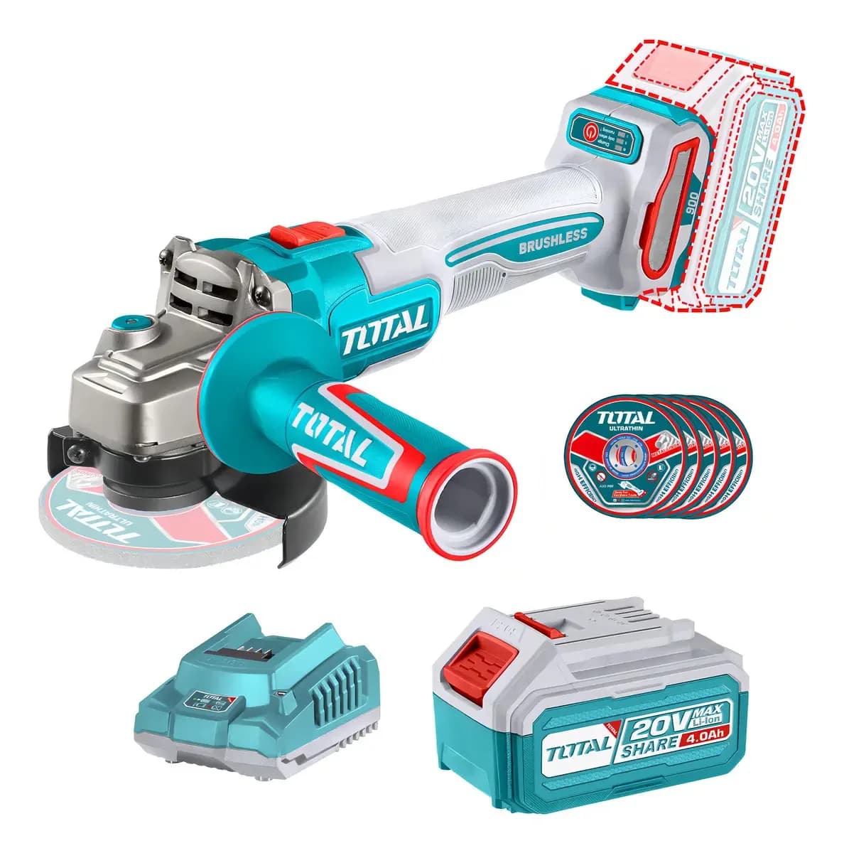 Esmeril angular inalámbrico Total 20V TAGLI261521 115 mm con batería