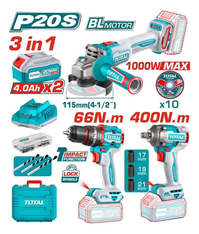 Kit Total 20V TOSLI241291: taladro, amoladora y llave de impacto con 2 baterías