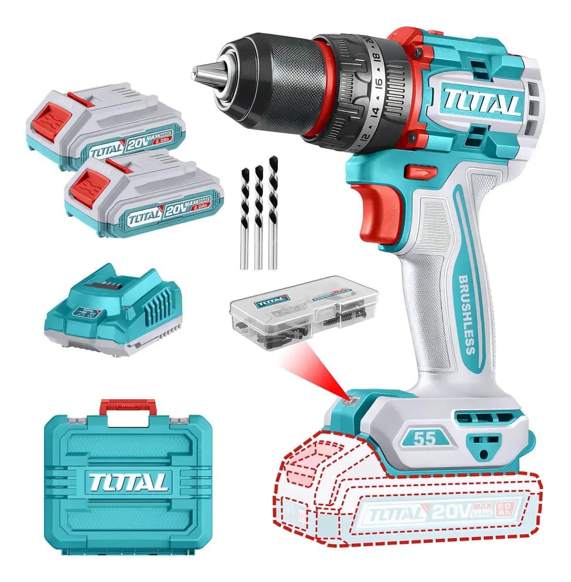 Taladro Percutor Y Atornillador Inalámbrico Total, Industrial, Motor Sin Carbones - Mandril 13mm, 55nm - Con 2 Baterías 2.0ah Litio-ion, Cargador, Maletín, Mechas Y Puntas - Tidli20558