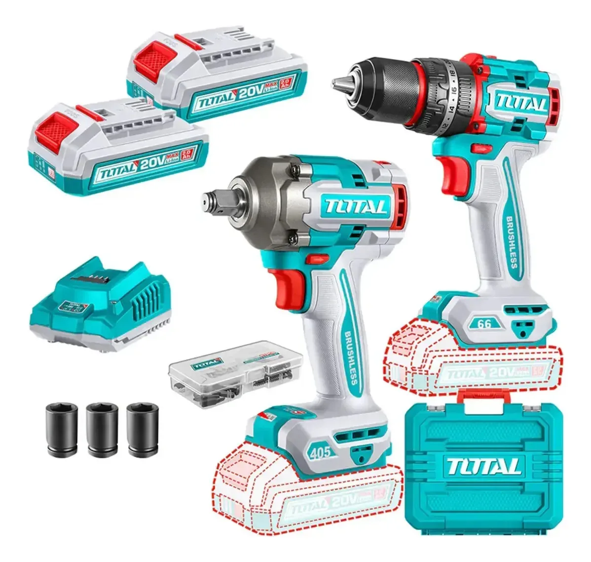 Total TCKLI20286 kit taladro percutor y llave de impacto 20V con 2 baterías