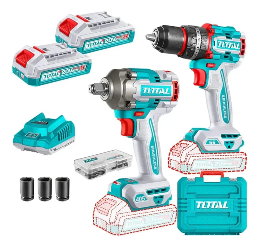 Total TCKLI20286 kit taladro percutor y llave de impacto 20V con 2 baterías